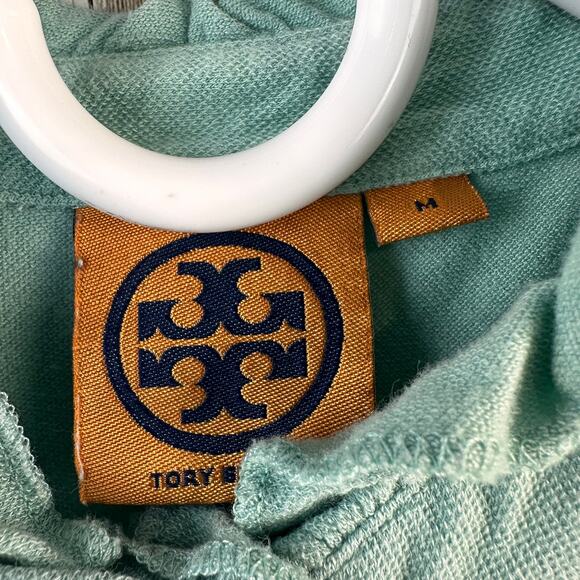 Tory Burch Lidia‎ Polo Shirt Womens M Sage Green 1/4 Button Ruffle Mock Neck - Picture 5 of 7